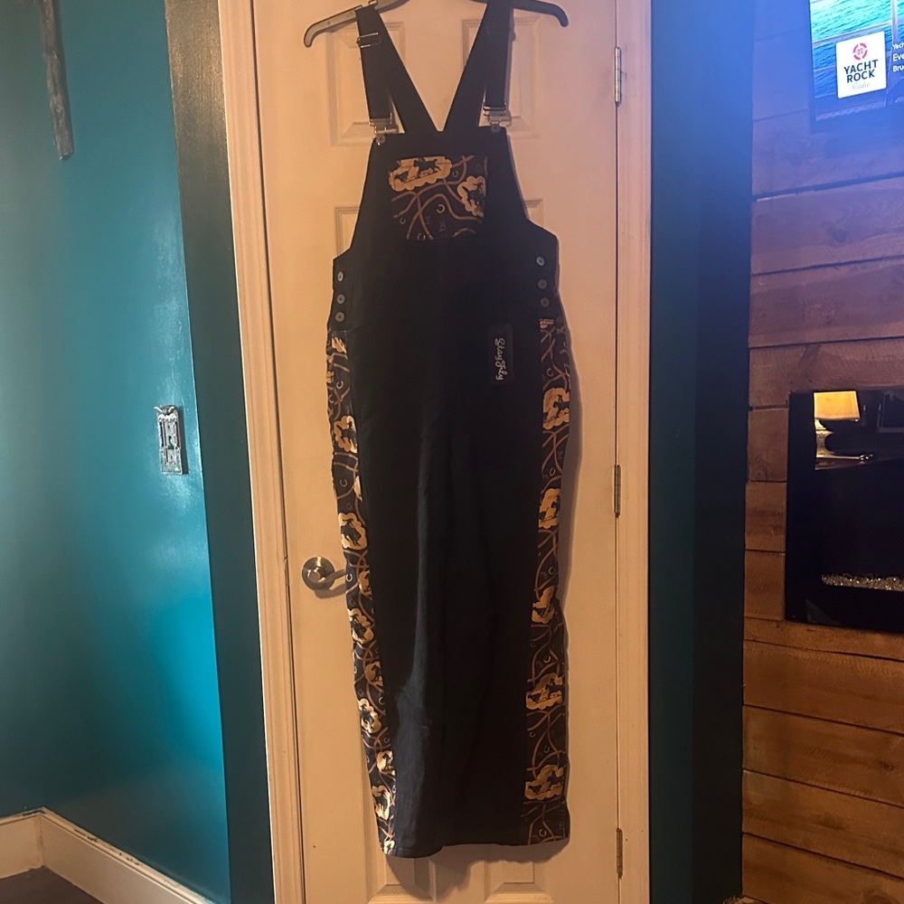 Black Overalls with tan western Graphic Side Panels